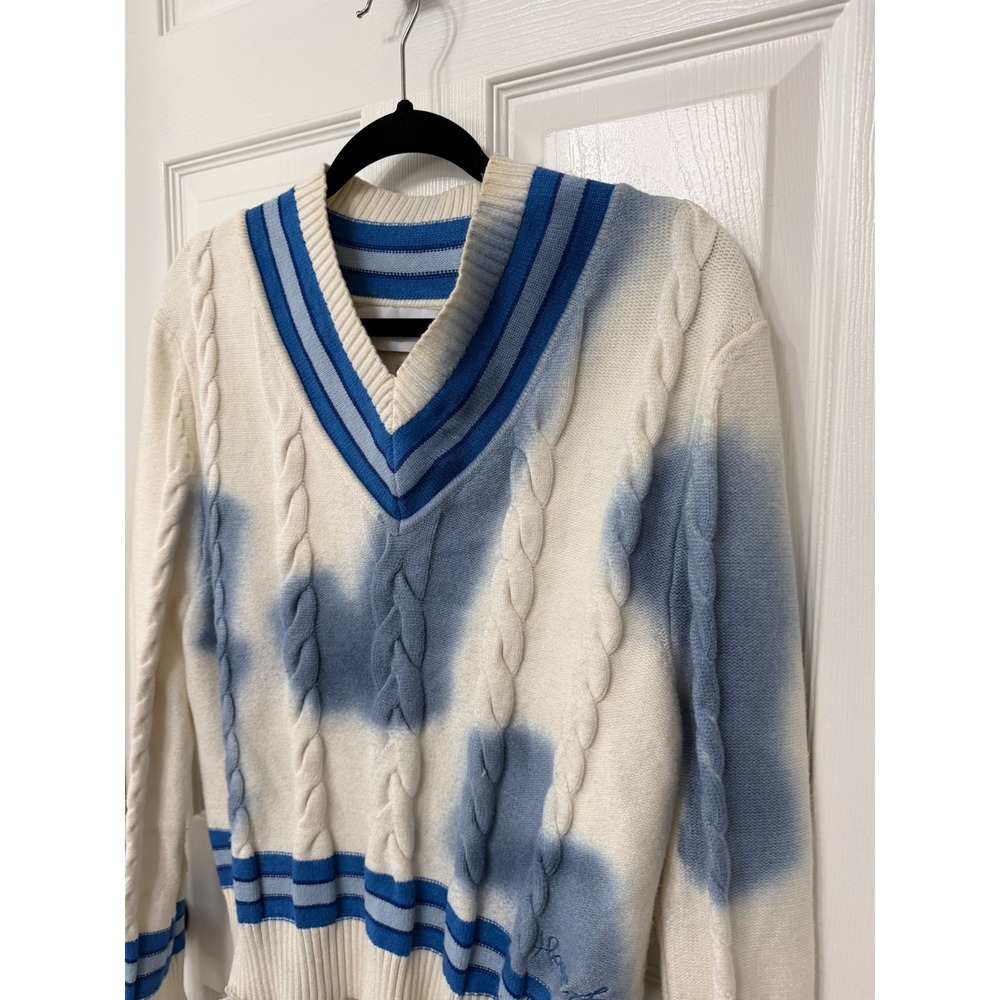 House of Sunny Varsity Cable Knit Sweater Blue Cream Distressed V-Neck XS - Picture 3 of 9